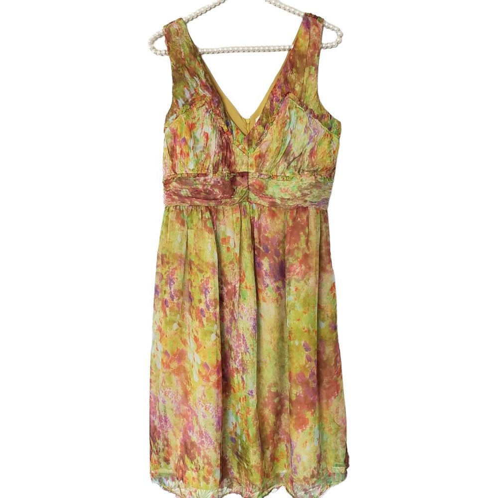 Sundance Silk Green Watercolor Sleeveless V Neck Midi Fit Flare Dress 8
